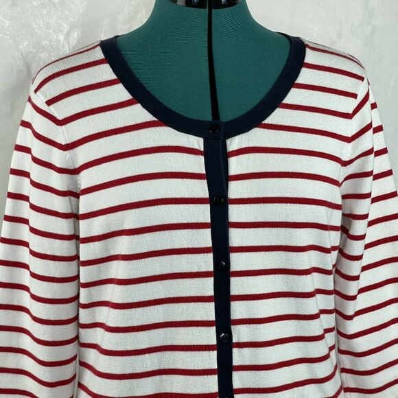 Talbots White Red Stripe Button Front 1/2 Sleeve Cardigan Size M - Picture 3 of 8